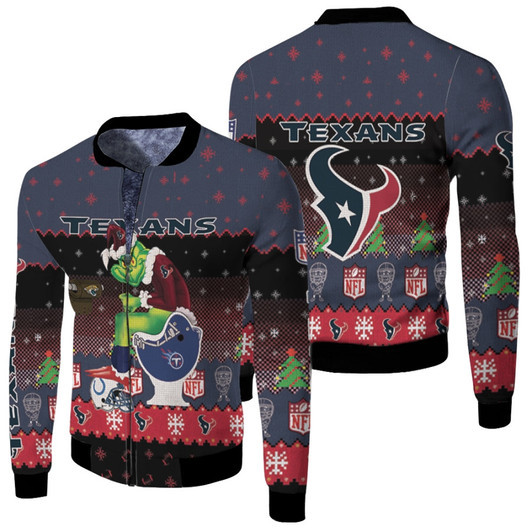 Santa Grinch Houston Texans Sitting On Titans Jaguars Colts Toilet Christmas Gift For Texans Fans Fleece Bomber Jacket