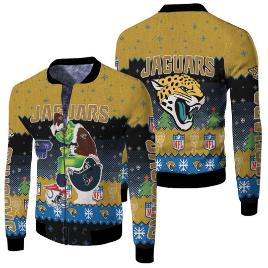 Santa Grinch Jacksonville Jaguars Sitting On Texans Titans Colts Toilet Christmas Gift For Jaguars Fans Fleece Bomber Jacket