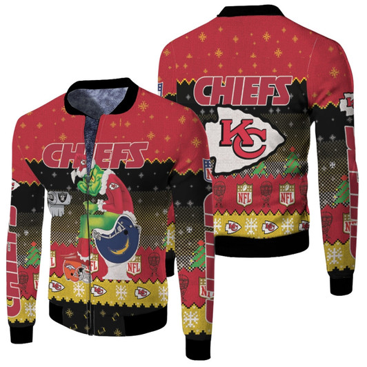 Santa Grinch Kansas City Chiefs Sitting On Broncos Raiders Chargers Toilet Christmas Gift For Chiefs Fans Fleece Bomber Jacket