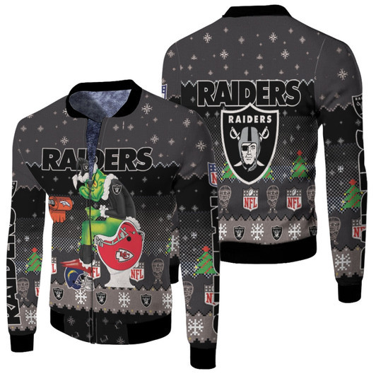 Santa Grinch Las Vegas Raiders Sitting On Chiefs Broncos Chargers Toilet Christmas Gift For Raiders Fans Fleece Bomber Jacket