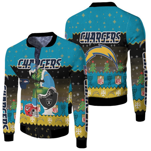 Santa Grinch Los Angeles Chargers Sitting On Raiders Broncos Chiefs Toilet Christmas Gift For Chargers Fans Fleece Bomber Jacket