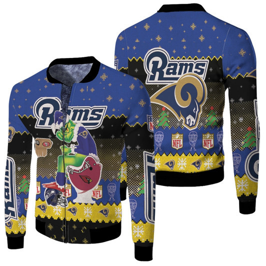 Santa Grinch Los Angeles Rams Sitting On Cardinals 49Ers Seahawks Toilet Christmas Gift For Rams Fans Fleece Bomber Jacket