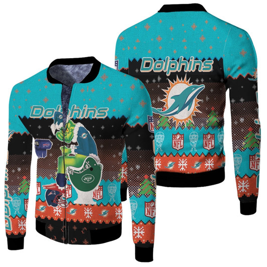 Santa Grinch Miami Dolphins Sitting On Jets Bills Patriots Toilet Christmas Gift For Dolphins Fans Fleece Bomber Jacket