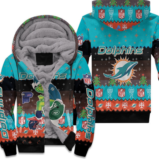 Santa Grinch Miami Dolphins Sitting On Jets Bills Patriots Toilet Christmas Gift For Dolphins Fans Fleece Hoodie