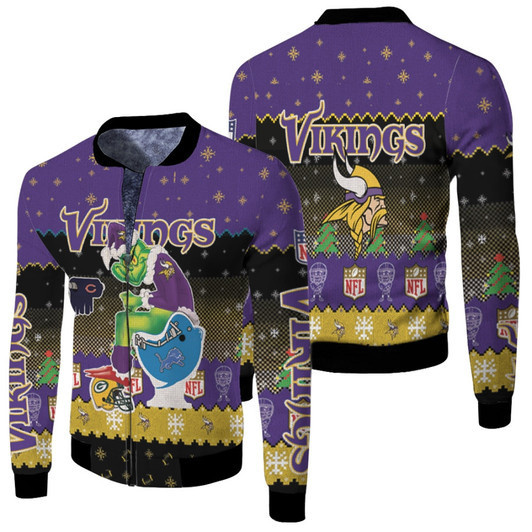 Santa Grinch Minnesota Vikings Sitting On Lions Bears Packers Toilet Christmas Gift For Vikings Fans Fleece Bomber Jacket