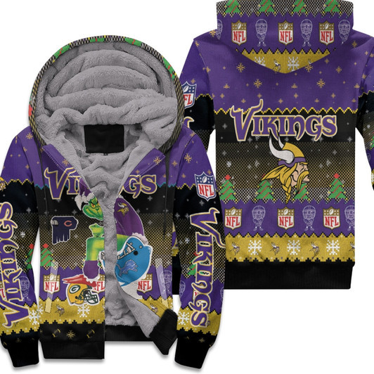 Santa Grinch Minnesota Vikings Sitting On Lions Bears Packers Toilet Christmas Gift For Vikings Fans Fleece Hoodie