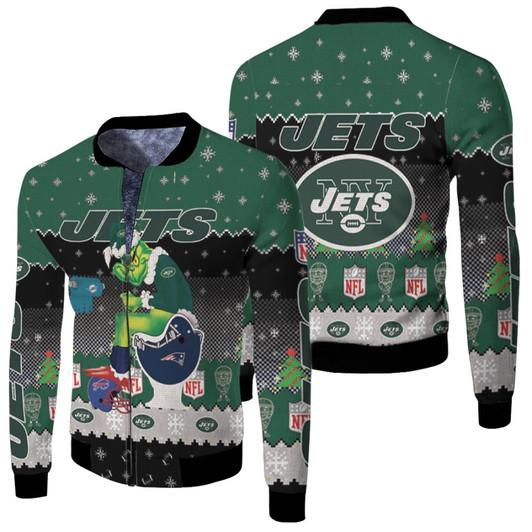 Santa Grinch New York Jets Sitting On Patriots Dolphins Bills Toilet Christmas Gift For Jets Fans Fleece Bomber Jacket