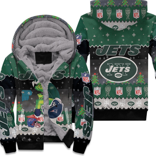 Santa Grinch New York Jets Sitting On Patriots Dolphins Bills Toilet Christmas Gift For Jets Fans Fleece Hoodie