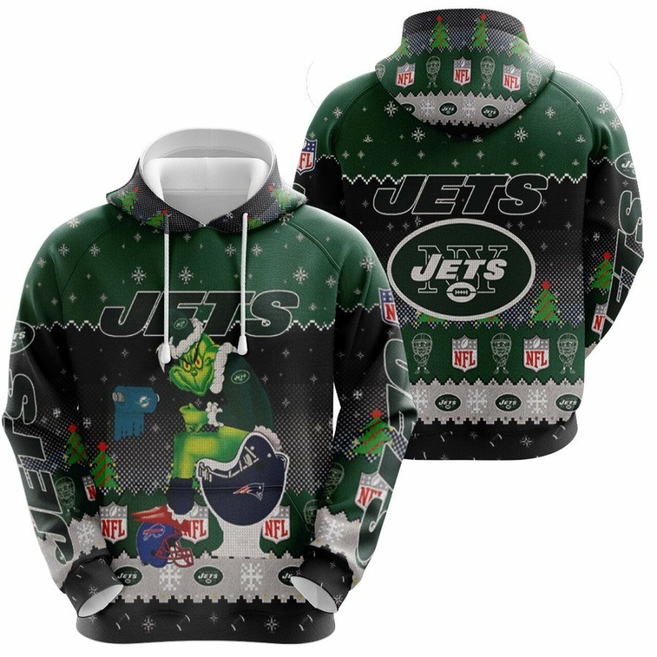 Santa Grinch New York Jets Sitting On Patriots Dolphins Bills Toilet Christmas Gift For Jets Fans Hoodie