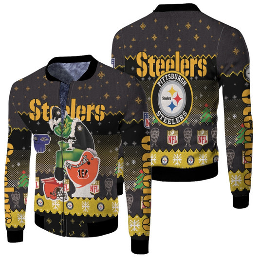 Santa Grinch Pittsburgh Steelers Sitting On Bengals Ravens Browns Toilet Christmas Gift For Steelers Fans Fleece Bomber Jacket