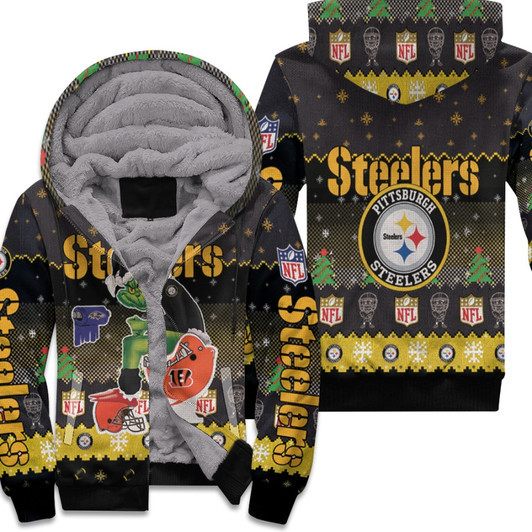 Santa Grinch Pittsburgh Steelers Sitting On Bengals Ravens Browns Toilet Christmas Gift For Steelers Fans Fleece Hoodie