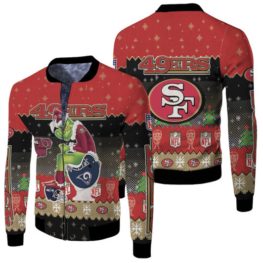 Santa Grinch San Francisco 49Ers Sitting On Rams Cardinals Seahawks Toilet Christmas Gift For 49Ers Fans Fleece Bomber Jacket