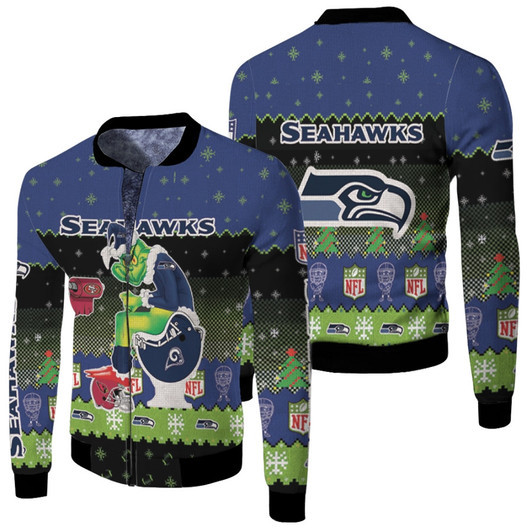 Santa Grinch Seattle Seahawks Sitting On Rams 49Ers Cardinals Toilet Christmas Gift For Seahawks Fans Fleece Bomber Jacket