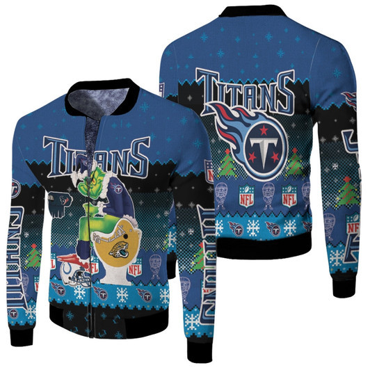 Santa Grinch Tennessee Titans Sitting On Jaguars Texans Colts Toilet Christmas Gift For Titans Fans Fleece Bomber Jacket