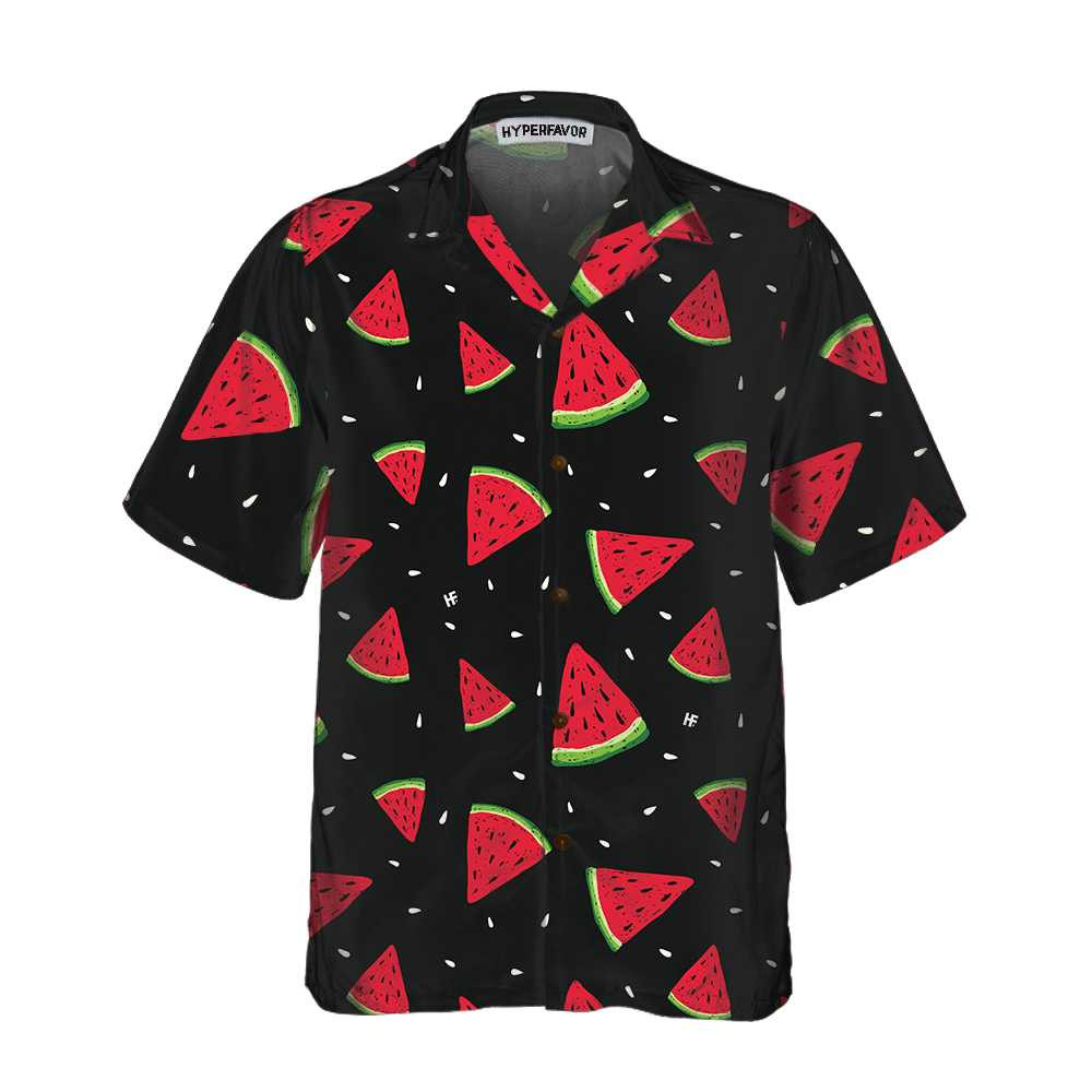 Seamless Hand Drawn Watermelon Pattern Hawaiian Shirt Black Watermelon Print Shirt For Men  Women