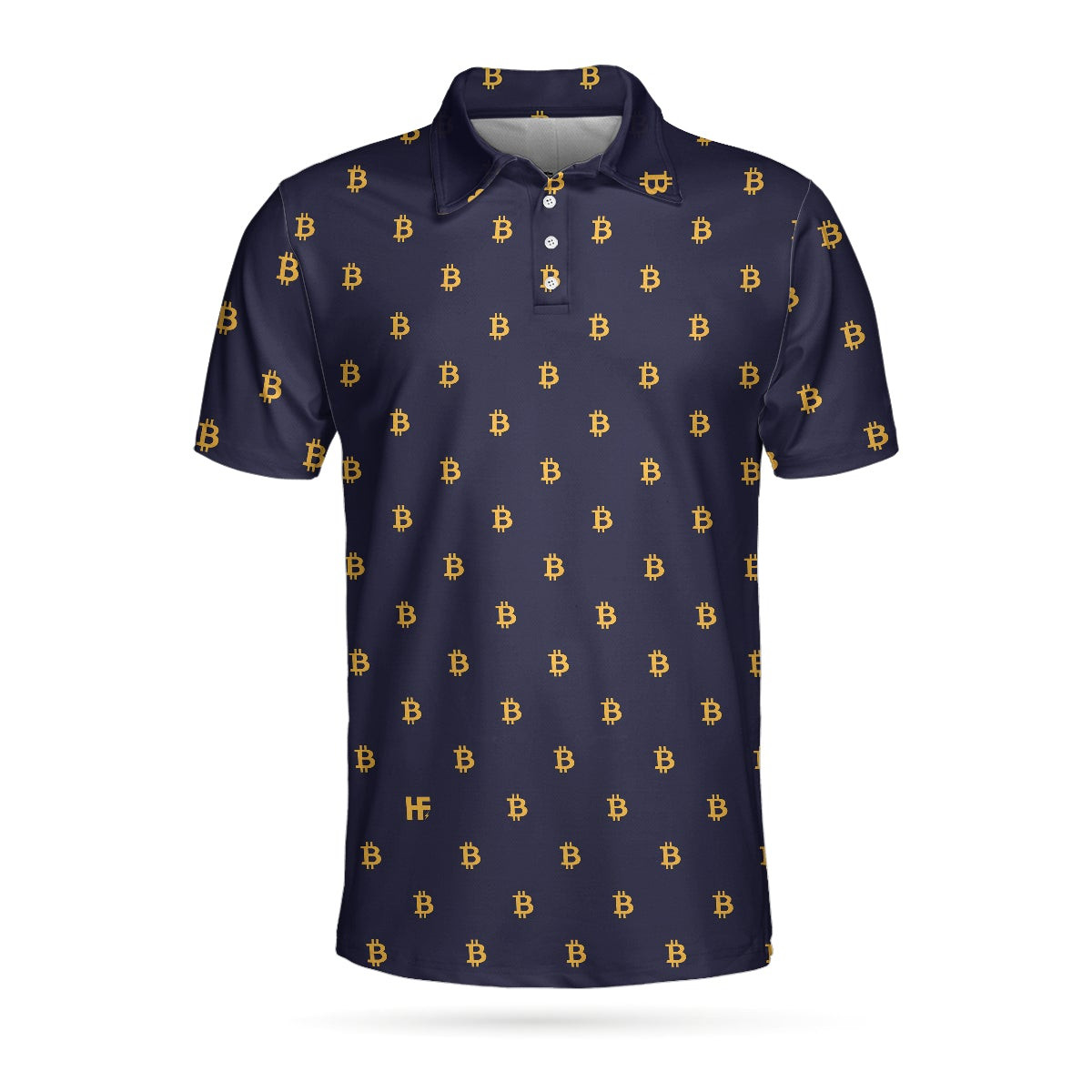 Seamless Pattern Sign Bitcoin Polo Shirt Navy Blue And Gold Polo Shirt Best Cryptocurrency Shirt For Men