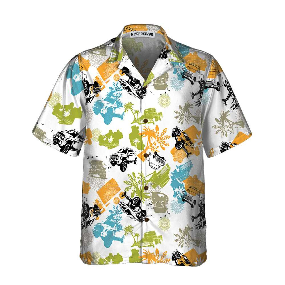 Seamless Tropical Plants Pattern With Jeeps Hawaiian Shirt Colorful Jeep Beach Shirt For Men