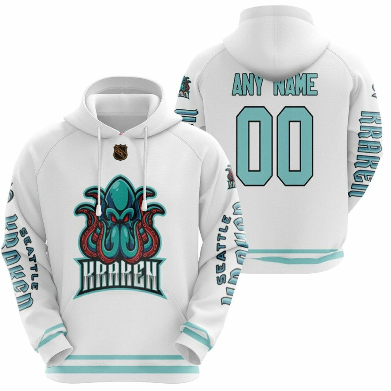 Seattle Kraken Nhl Ice Hockey Team Logo White 3d Designed Allover Custom Name Number Gift For Kraken Fans Hoodie