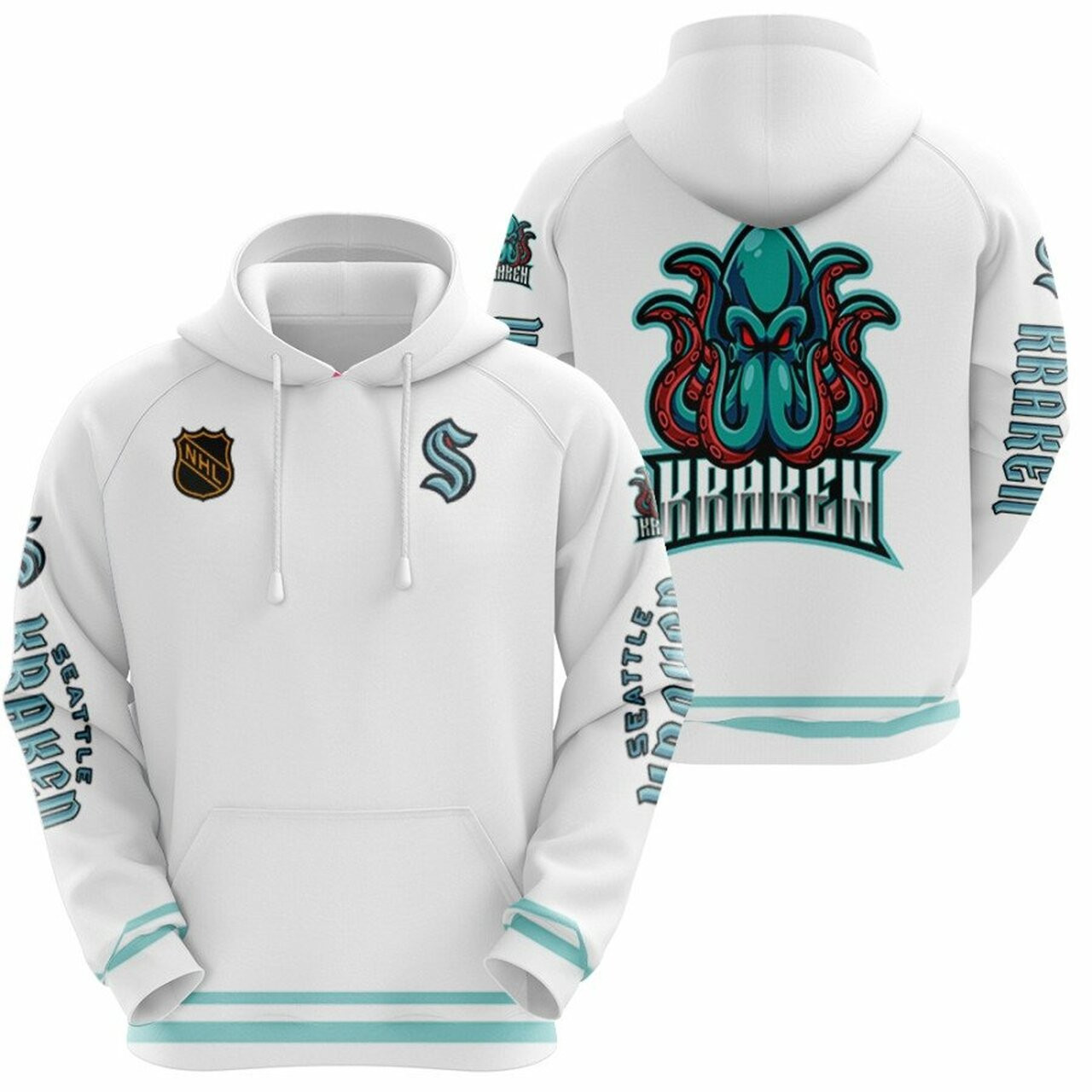 Seattle Kraken Nhl Ice Hockey Team Octopus Logo Mascot White 3d Designed Allover Gift For Kraken Fans Hoodie