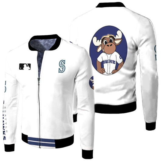 Seattle Mariners Mlb Baseball Team Mariner Moose Logo White Fleece Bomber Jacket