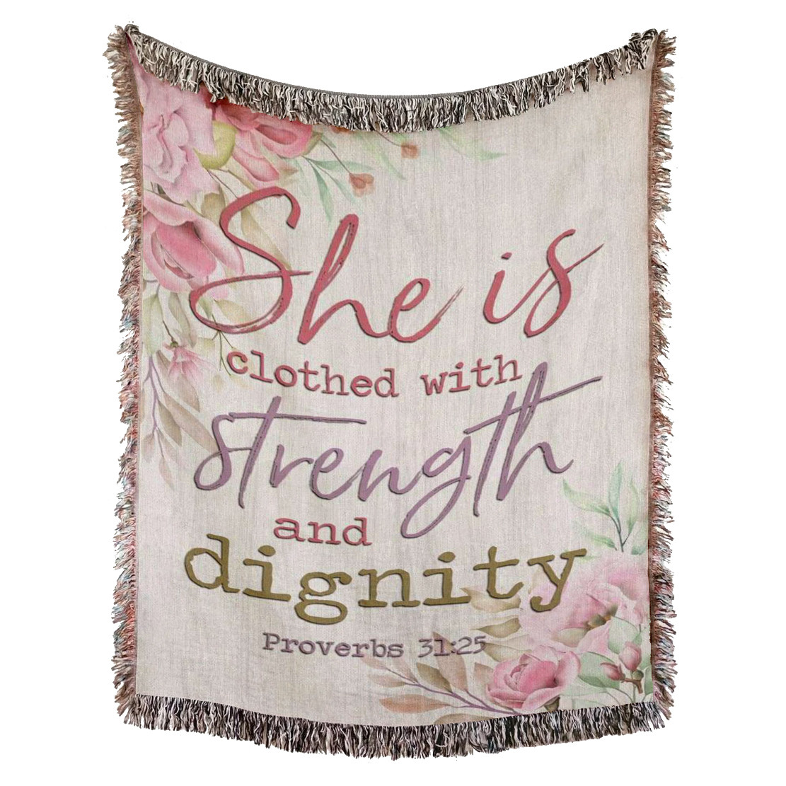 She Is Clothed With Strength and Dignity Woven Blanket - Bible Verse Christian Woven Throw Blanket - God Tapestry Decor Christian Blanket