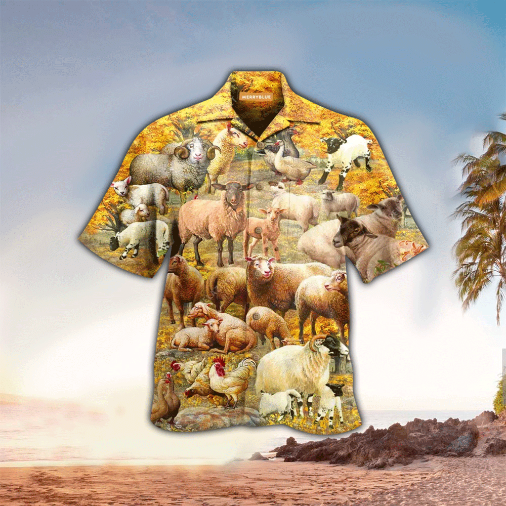 Sheep In Autumn Yellow Best Design Unisex Hawaiian Shirt for Men and Women