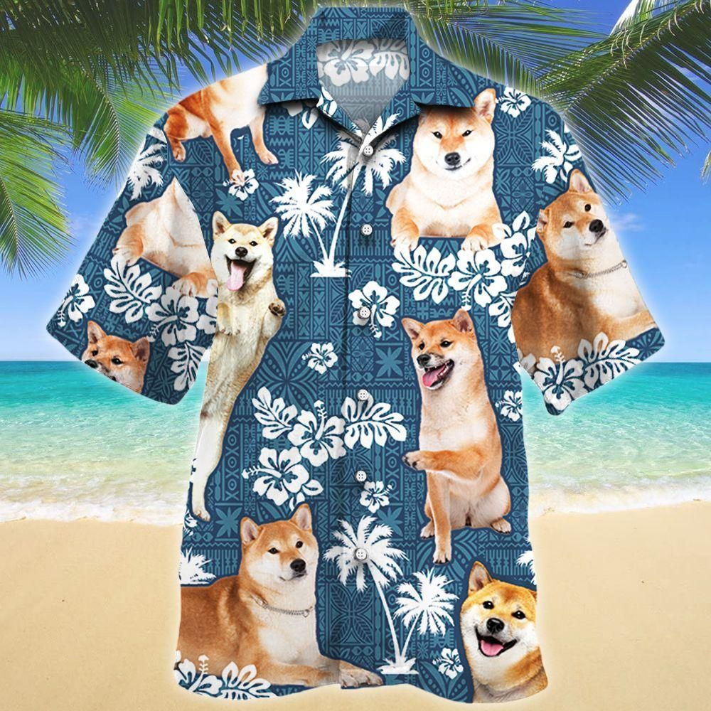 Shiba Inu Dog Blue Tribal Aloha Hawaiian Shirt Colorful Short Sleeve Summer Beach Casual Shirt For Men And Women