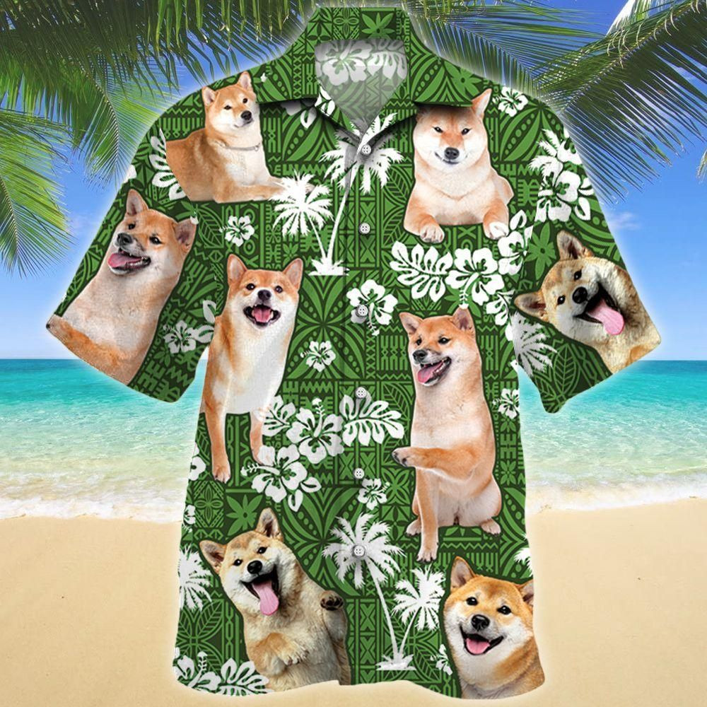 Shiba Inu Green Tribal Aloha Hawaiian Shirt Colorful Short Sleeve Summer Beach Casual Shirt For Men And Women