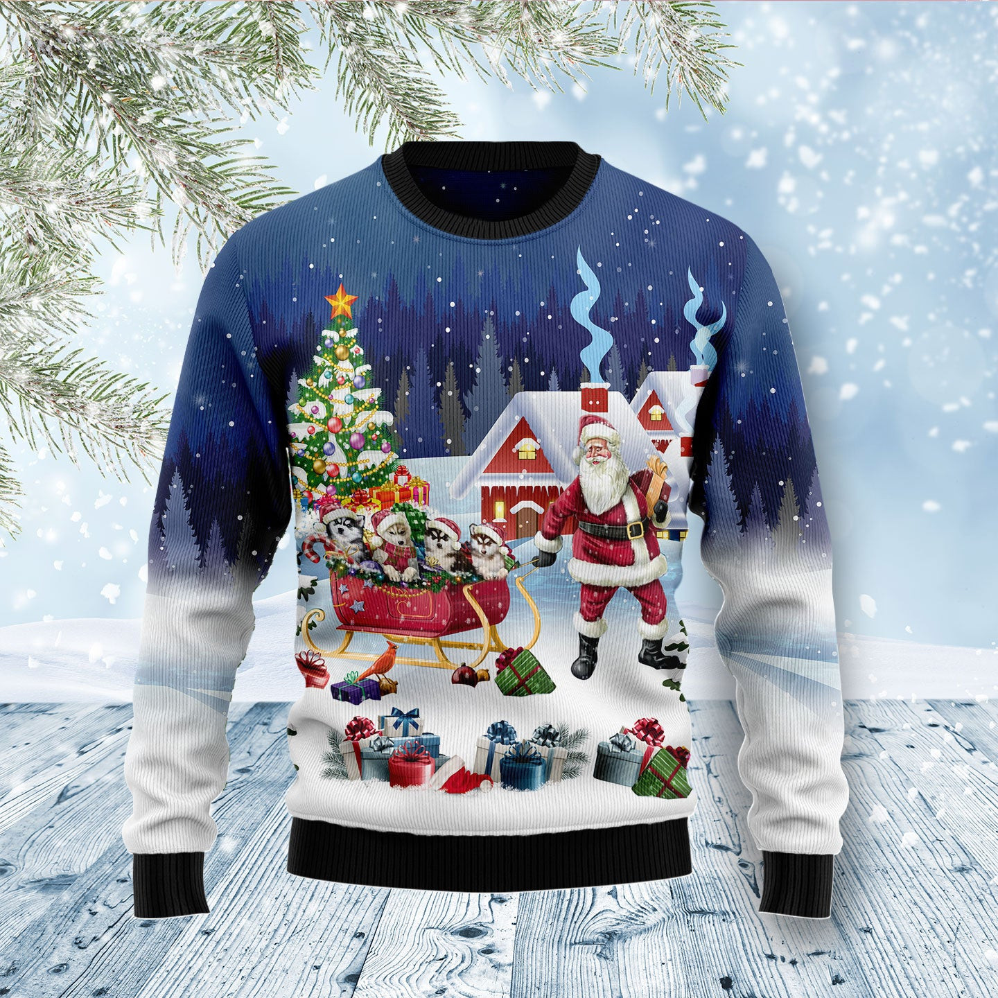 Siberian Husky Santa Sled Ugly Christmas Sweater