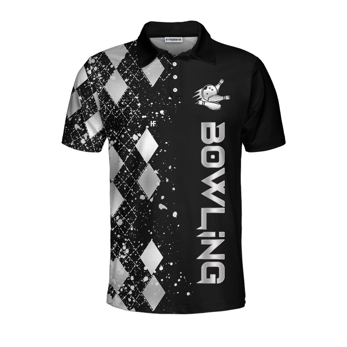 Silver Bowling Polo Shirt Black And Silver Argyle Pattern Bowling Shirt For Men