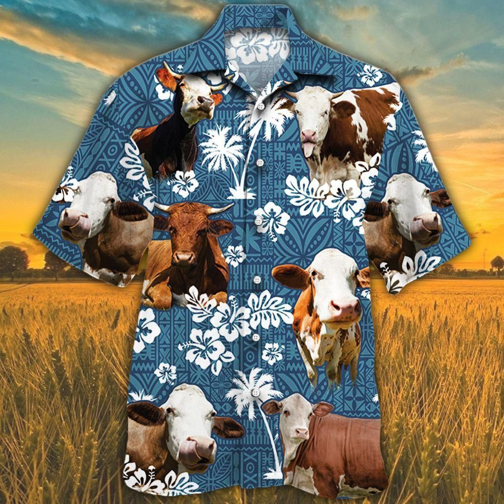 Simmental Cattle Lovers Blue Tribal Aloha Hawaiian Shirt Colorful Short Sleeve Summer Beach Casual Shirt For Men And Women