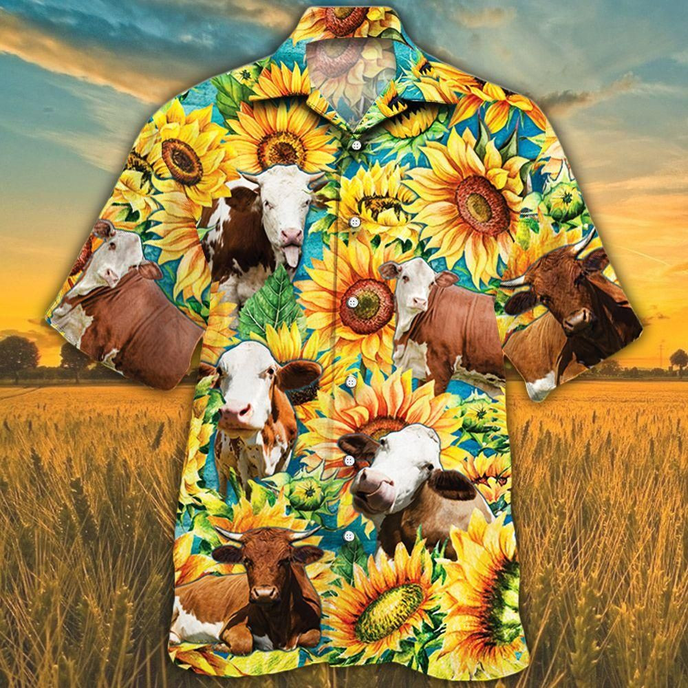 Simmental Cattle Lovers Sunflower Watercolor Aloha Hawaiian Shirt Colorful Short Sleeve Summer Beach Casual Shirt For Men And Women