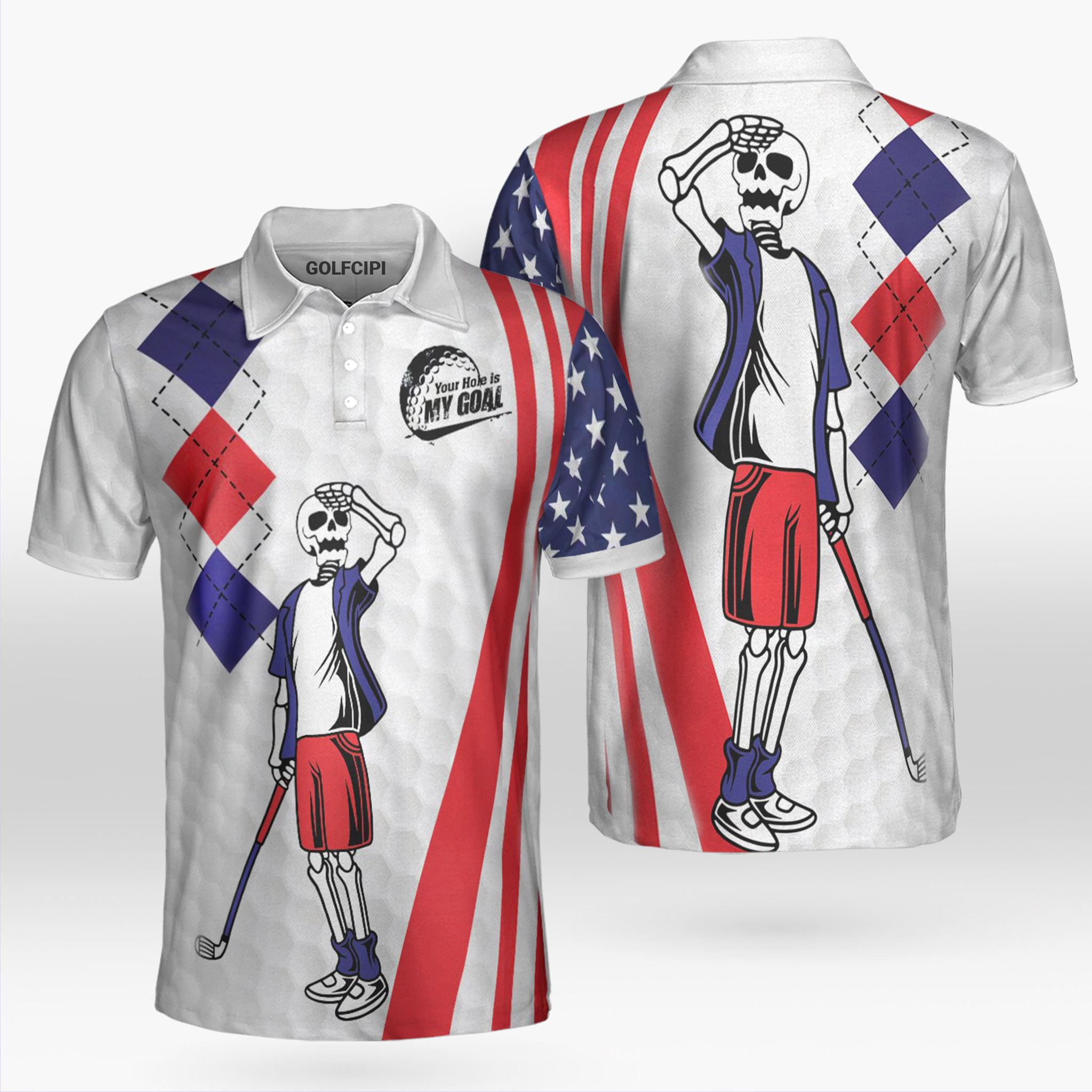 Skeleton Argyle Pattern American Flag Golf Shirt Golf Shirts Short Sleeve Polo For Men