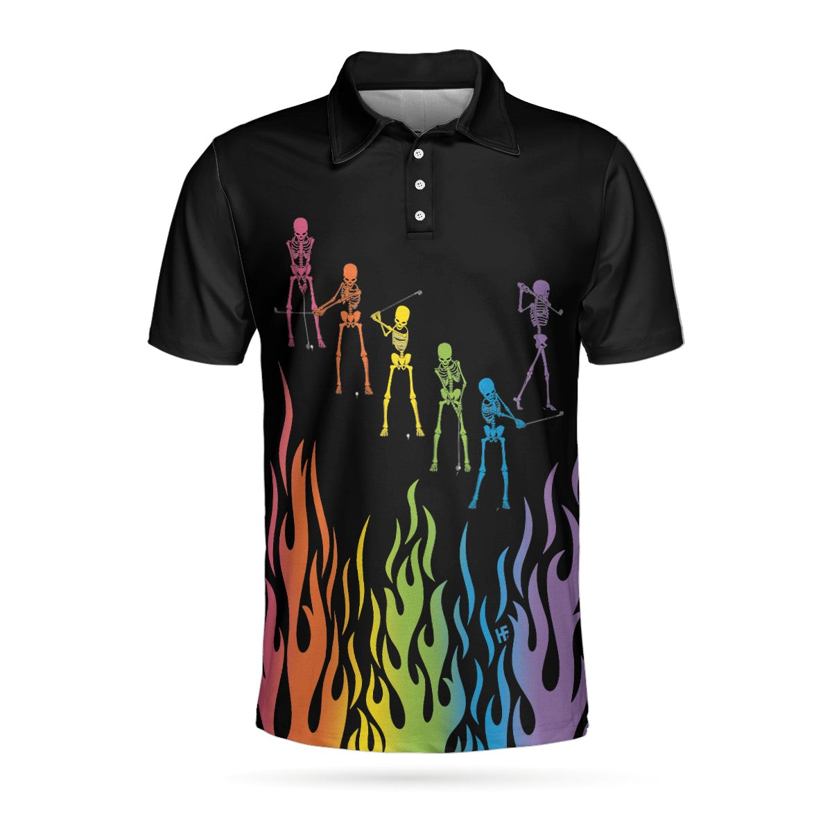 Skeleton Playing Golf Polo Shirt Rainbow Pallette Fire Golfing Polo Shirt Cool Golf Shirt For Men