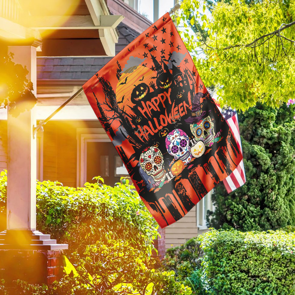 Skull American Flag Happy Halloween Sugar Skull Flag Halloween Outdoor Decor Fall Yard House Decoration