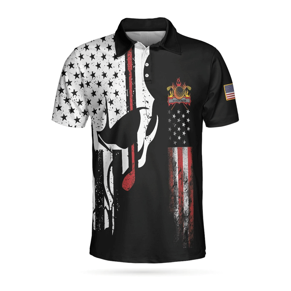 Skull American Flag With Golf Club Polo Shirt Black And White American Flag Polo Shirt Patriotic Golf Shirts Short Sleeve Polo For Men