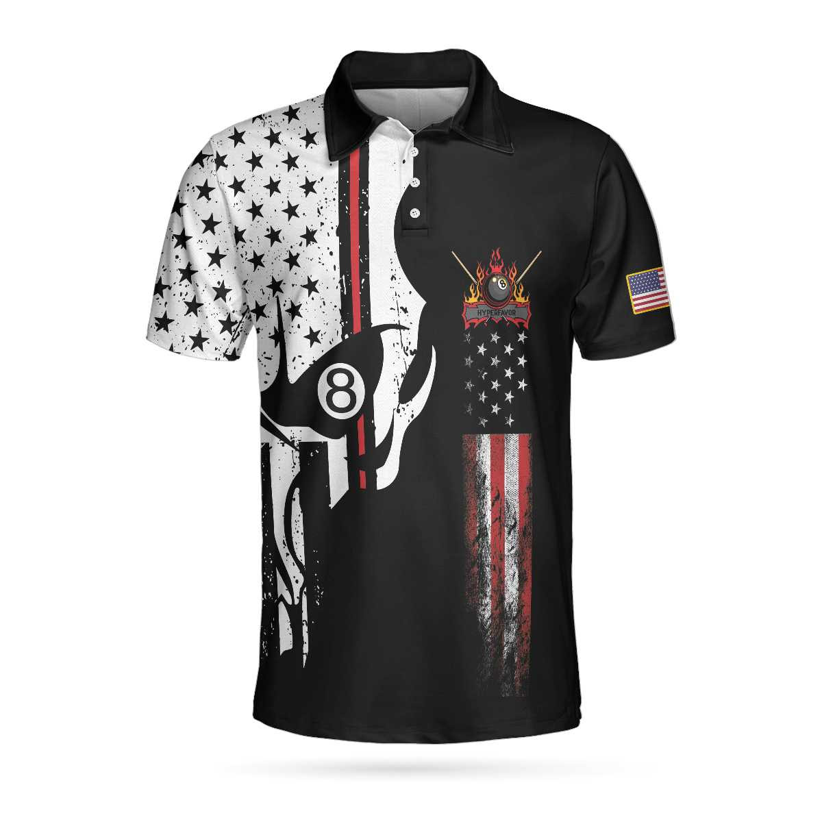 Skull Billiards Pool Polo Shirt Black And White American Flag Polo Shirt Patriotic Billiards Shirt For Men