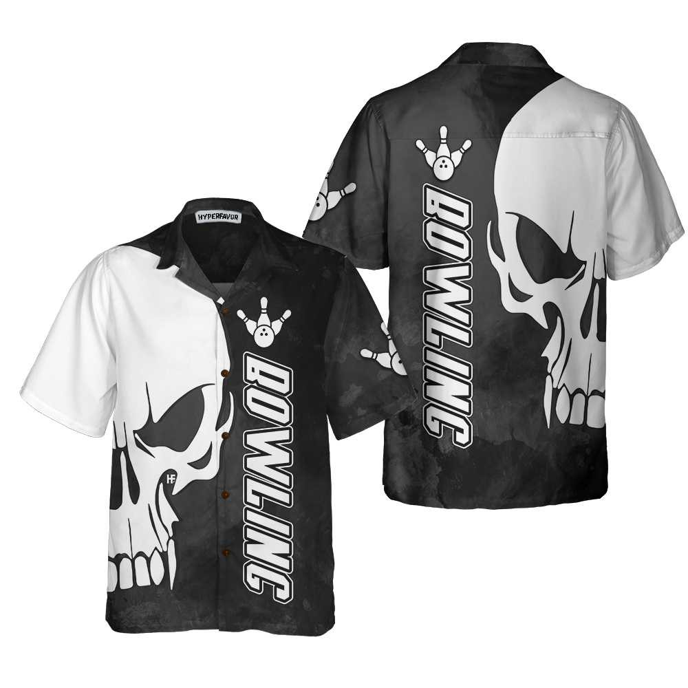 Skull Bowling Hawaiian Shirt Black And White Bowling Shirt Best Gift For Bowling Players