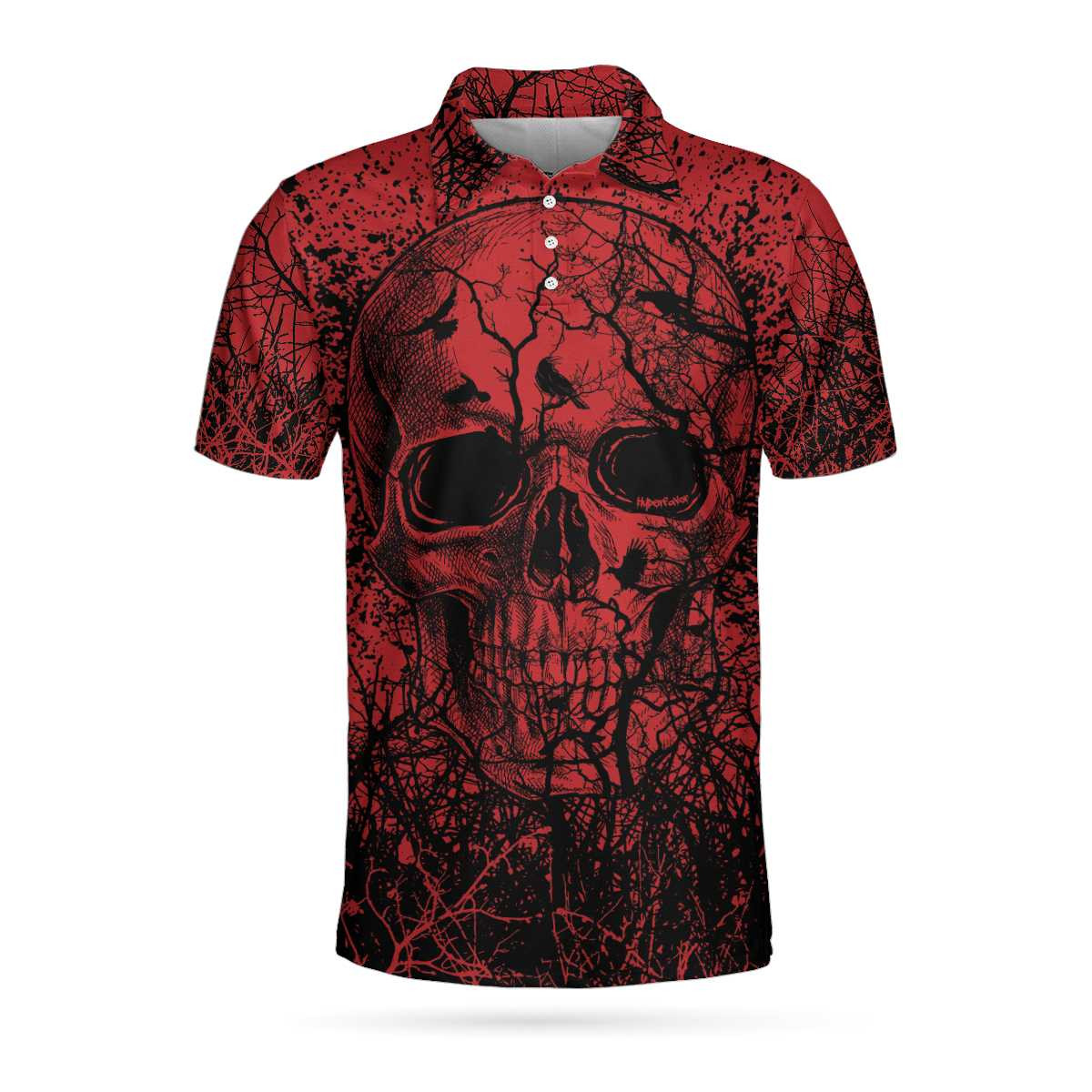 Skull Crow Black And Red Short Sleeve Polo Shirt Dark Forrest Skull Crow Shirt For Men