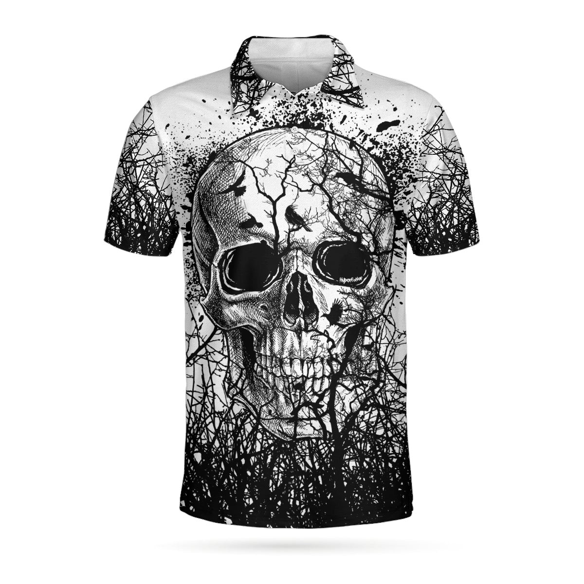 Skull Crow Black And White Short Sleeve Polo Shirt Dark Forrest Skull Crow Shirt For Men