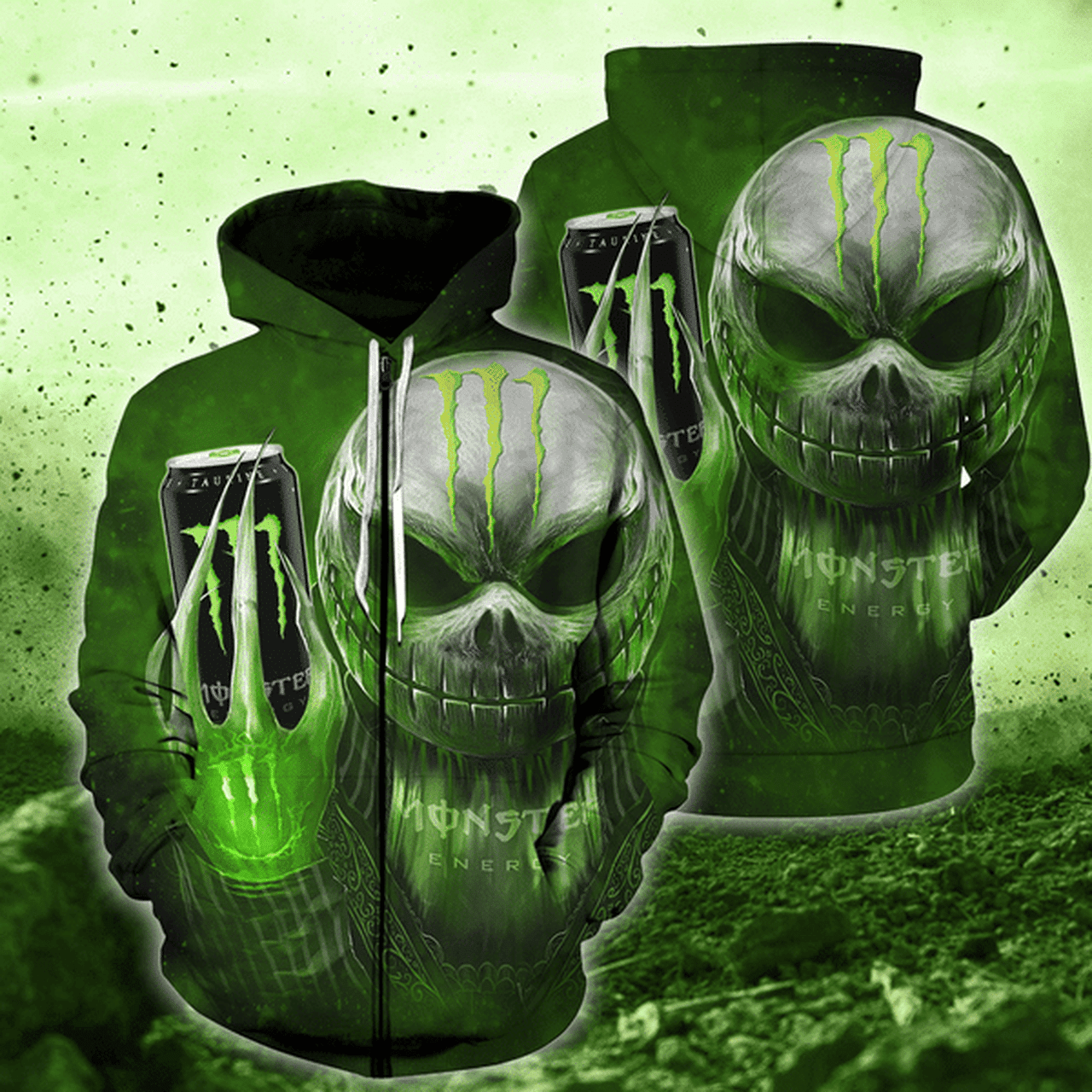 Skull Gift Green Skellington Monster Engergy Zipup Hoodie