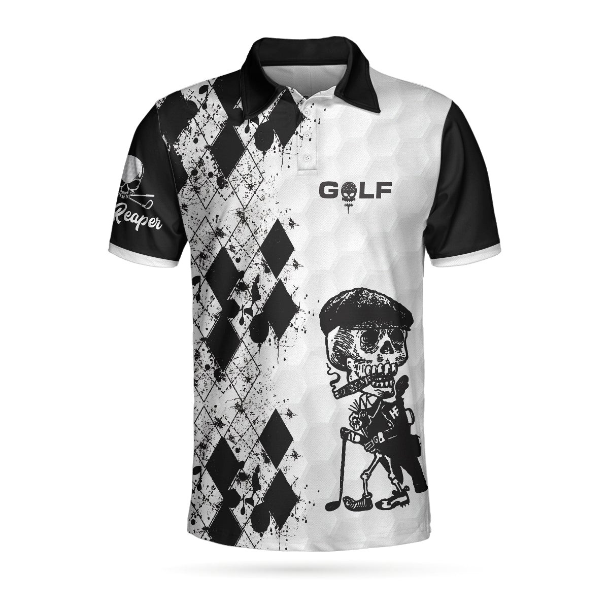 Skull Golf Reaper Polo Shirt Black And White Argyle Pattern Polo Shirt Best Golf Shirt For Men