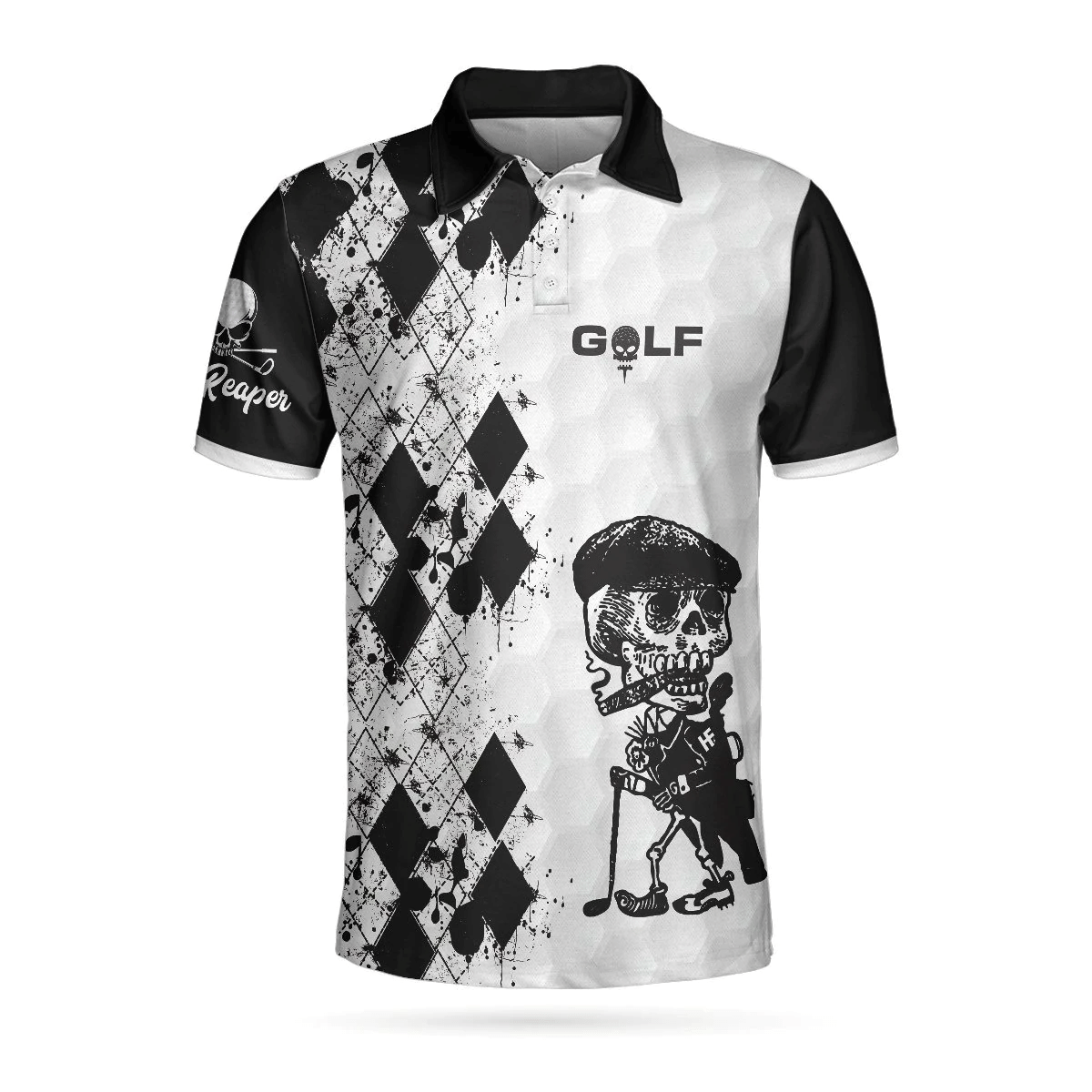 Skull Golf Reaper Polo Shirt Black And White Argyle Pattern Polo Shirt Best Golf Shirts Short Sleeve Polo For Men