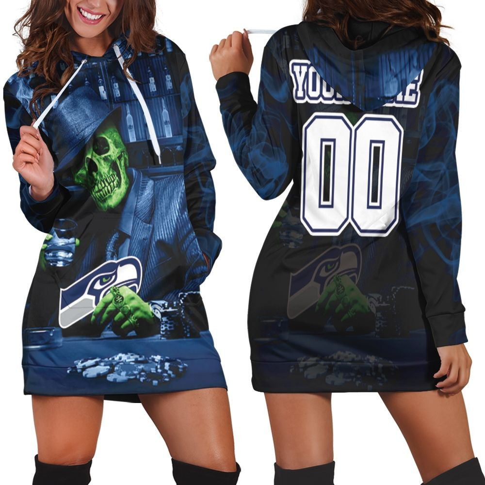 Skull Play Seattle Seahawks Card 3d Hoodie Dress Sweater Dress Sweatshirt Dress