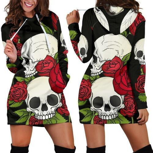 Skull  Rose Hoodie Dress Sweater Dress Sweatshirt Dress 3d All Over Print For Women Hoodie