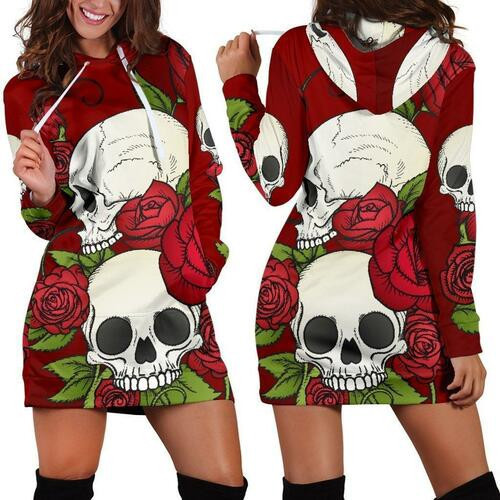 Skull  Rose Red Hoodie Dress Sweater Dress Sweatshirt Dress 3d All Over Print For Women Hoodie