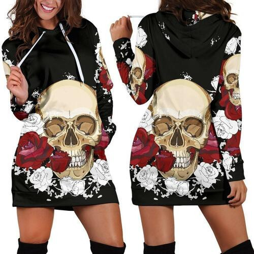 Skull  Roses Hoodie Dress Sweater Dress Sweatshirt Dress 3d All Over Print For Women Hoodie