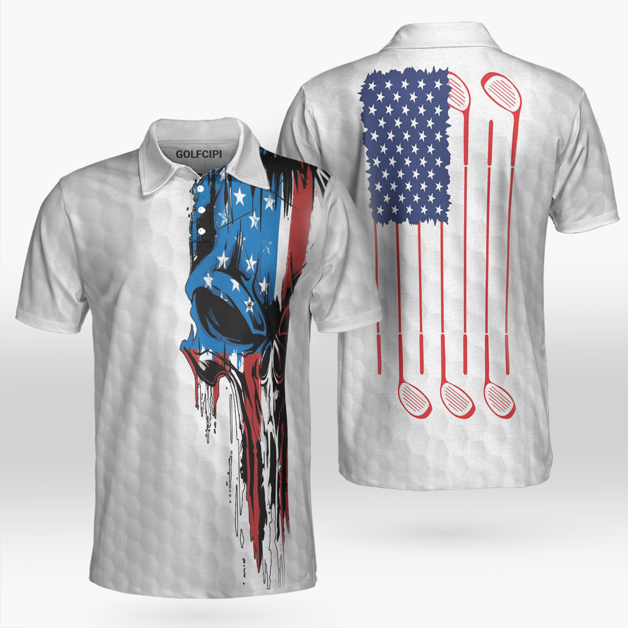 Skull With American Flag Golf Polo Shirt Best Golf Shirts For Men