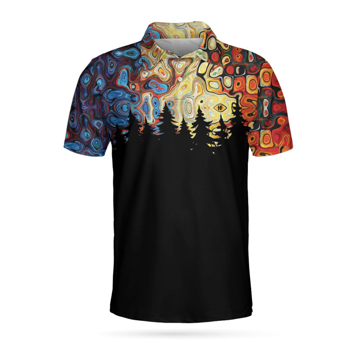 Sky Wavy Abstract Seamless Pattern Polo Shirt Silhouette Pine Forest Polo Shirt Black Golf Shirt For Men