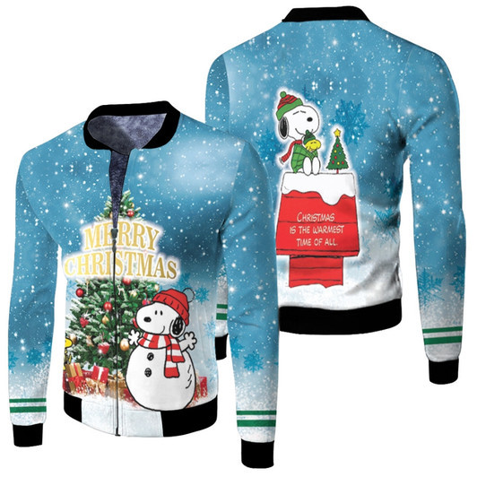 Snoopy Snoopyman Merry Christmas Tree Christmas Holiday Blue Fleece Bomber Jacket